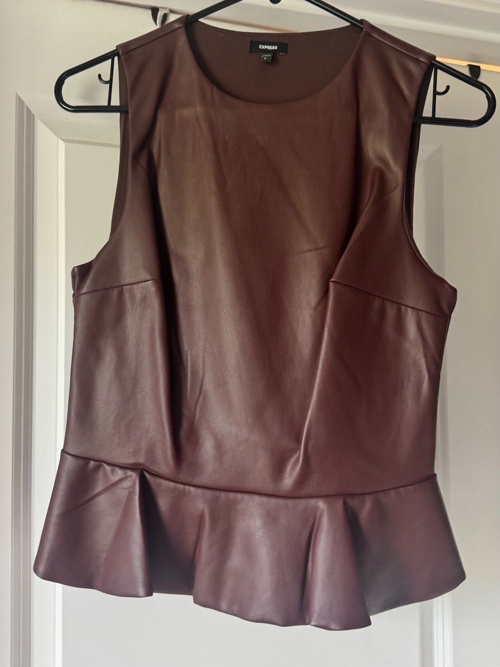 Express Sleeveless Faux Leather Peplum Top in Burgundy